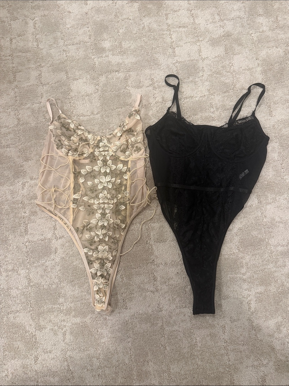 Delicate Floral Embroidered Sheer Bodysuit - Beige and Black